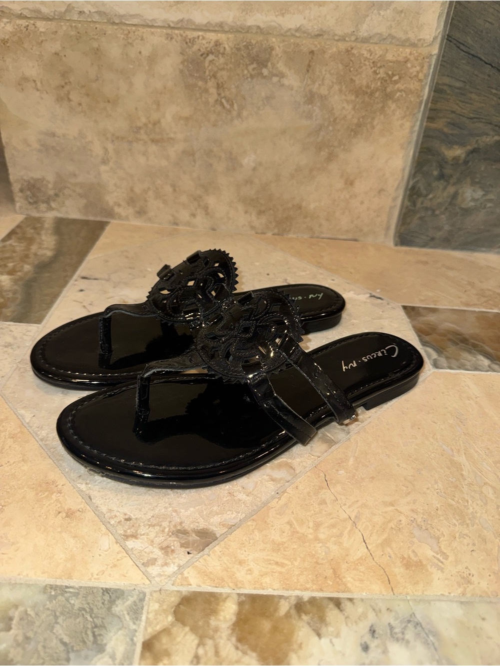 Circus by Sam Edelman Black Patent Medallion Sandals 8.5